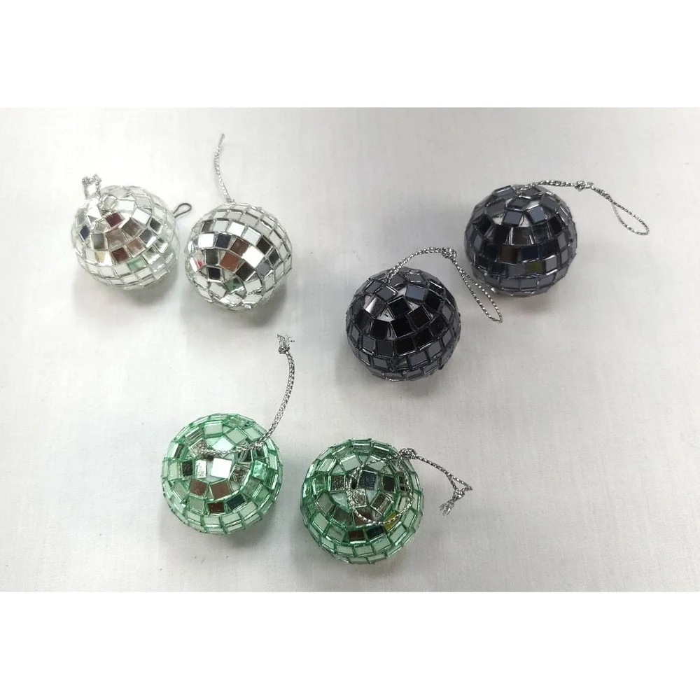 6 Mirror Ball Ornaments 2 Silver 2 Charcoal 2 Mint Green Christmas 1.5